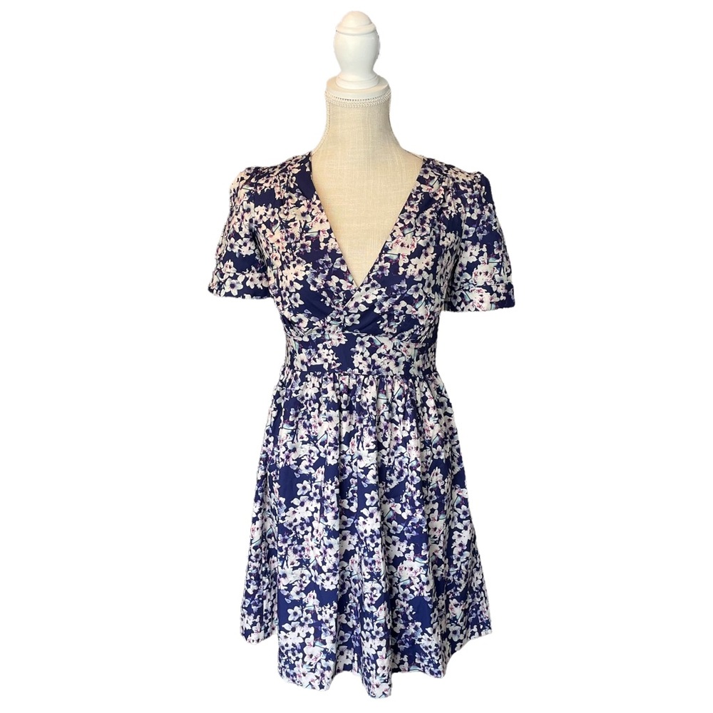 Wolf & Whistle ASOS Floral Blue Dress Faux Wrap Size 6